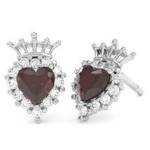 Garnet Diamond Claddagh Motive Stud Earrings in 14k White Gold - £334.93 GBP