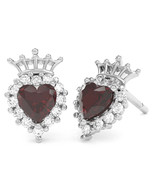 Garnet Diamond Claddagh Motive Stud Earrings in 14k White Gold - $419.00