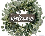 Green Eucalyptus Leaf Wreath With Welcome Sign 20In Artificial Eucalyptu... - $38.99