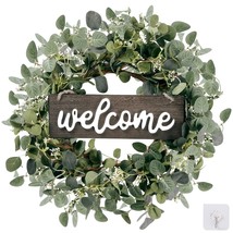 Green Eucalyptus Leaf Wreath With Welcome Sign 20In Artificial Eucalyptu... - £31.16 GBP