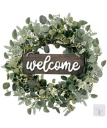 Green Eucalyptus Leaf Wreath With Welcome Sign 20In Artificial Eucalyptu... - £30.80 GBP