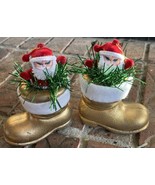 Pair of Vintage Flocked Santa Christmas Ornaments in Gold Glitter Plasti... - €19,14 EUR