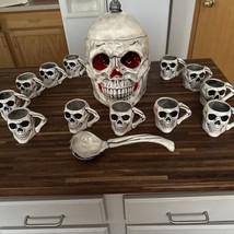 VTG Halloween Skull Ceramic Punch Bowl Set, 12 Cups &amp; Ladle, Lighted,  Rare OOAK - £286.77 GBP