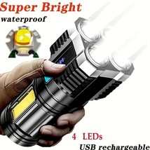 Powerful 4 LED Flashlight With COB Side Light, 4 Modes USB Rechargeable - £10.47 GBP