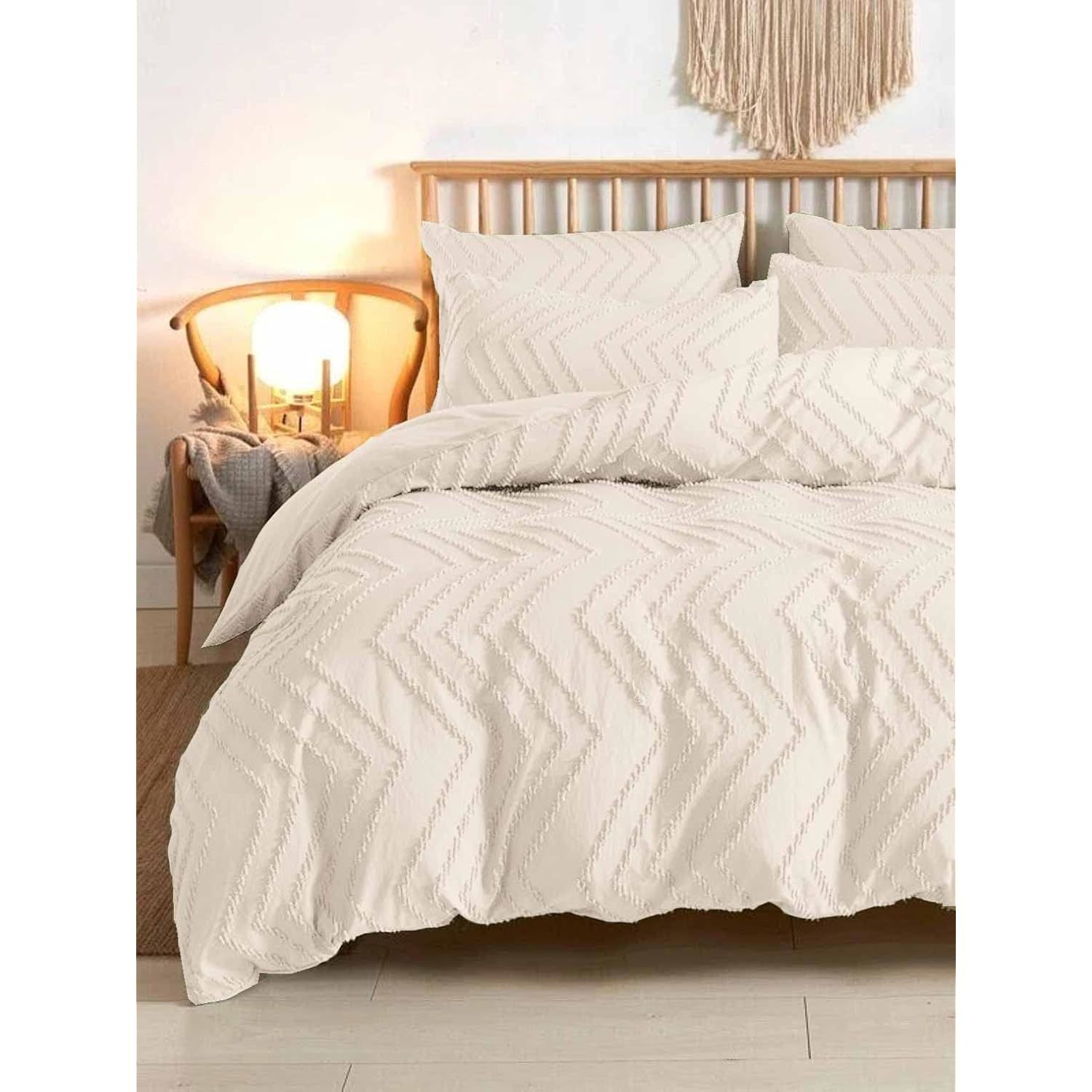 Queen Comforter Set Beige Tufted Jacquard Boho Soft Shabby Chic Reversible Down