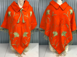 Orange Wool Handmade Embroidered One Size Womens Fringe Floral Parka - £15.96 GBP