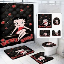 Betty Boop Black Diamond Pattern Red Hearts Shower Curtain Toilet Seat Rugs Set - £49.02 GBP