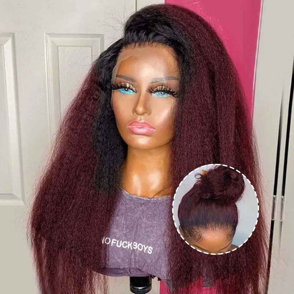 Ombre T1b/99j Red Burg Kinky Straight Lace Frontal Wig 13x4 Lace Front Human - £96.51 GBP+