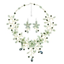 Bridal Party Green Thai Jade Floral Necklace Earrings Jewelry Set - £50.10 GBP