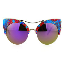 Womens Sunglasses Oversized Half Rim Round Cateye Floral Top Mirror Lens - £9.55 GBP