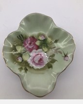 Lefton China Green Heritage Cabbage Rose Shallow Serving Dish 1860 Hand Painted - £9.89 GBP