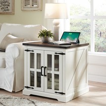 Farmhouse End Table With Charging Station,24&quot; Large Sofa Side Table With, White - £164.20 GBP