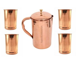 Beautiful Copper Water Pitcher Jug Pot 4 Tumbler Glass Ayurveda Health Benefits - £40.00 GBP