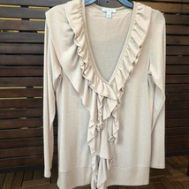 Boston Proper Cardigan Size Medium Asymmetrical Waterfall Ruffles Sweater Beige - £10.75 GBP