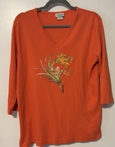 Distinct Embroidered Orange Sweater  Top Bling Size Large - $17.41