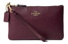 New Coach Women&#39;s Polished Pebble Leather Small Zip-Top Wristlet Deep Berry - £71.65 GBP