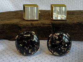 Lot of 2 Cuff Link Sets Mens Jewelry Round Black Gold Flecks &amp; White Squ... - £23.49 GBP