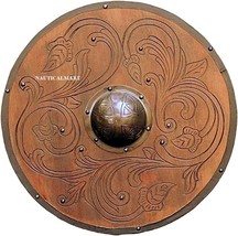 Hand Carving 35&quot; Battle-Ready Shield Wooden Shield Heavy Metal Fittings Shield - £206.99 GBP