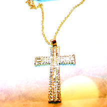 Gorgeous 3 in gold and rhinestone cross necklace~Shines brightly with sunlight - £24.95 GBP