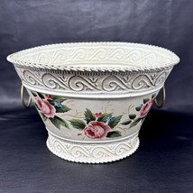 Oval Metal Toleware Plant Flower Cache Pot Basket Hand-painted Embossed 6&quot;Hx10&quot;W - £25.52 GBP