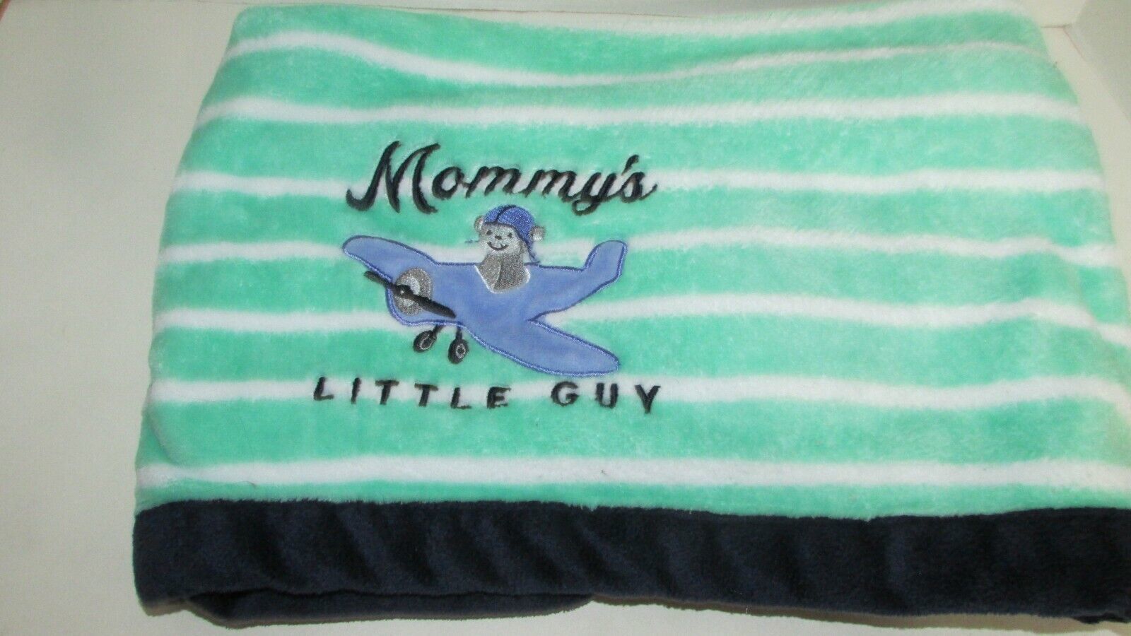 Primary image for Carters Baby Blanket Green white stripes blue trim Mommy's little guy air plane