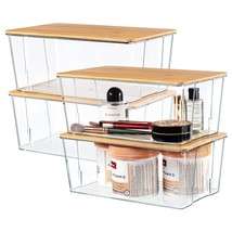 Clear Plastic Storage Organizer Bins With Bamboo Lids For Pantry Organiz... - £43.25 GBP