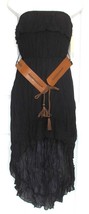 Black Sheer Uneven Hem Dress Crinkle BOHO Strapless Lined Belted S M L - £15.73 GBP