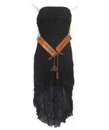 Black Sheer Uneven Hem Dress Crinkle BOHO Strapless Lined Belted S M L  - $20.00