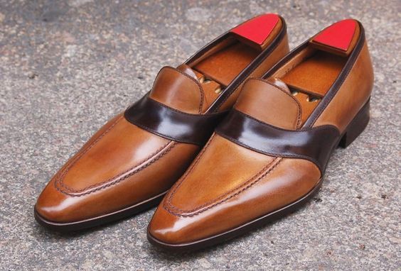 New Handmade Men's 2 Tone Brown Shoes, Men's Leather Loafer Slip On Moccasins Sh