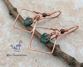 Handmade copper earrings: diamond frame with glass dark aqua heart bead dangles - £17.58 GBP