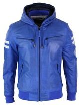 Men’s Realy Leather Bomber Jacket with Hood-Blue - Free Shipping - £109.05 GBP