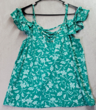 Express Blouse Top Womens Size Small Teal Floral Ruffle Cap Sleeve V Nek Lace Up - £13.79 GBP