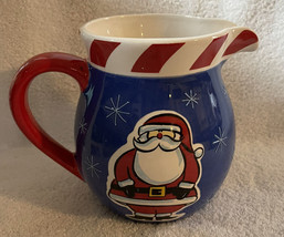 Holiday Home Candy Peppermint Swirl Blue Red Santa Pitcher Raised Snowflakes - £21.37 GBP