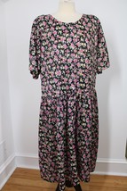 Vtg Lane Bryant 44&quot; Chest Black Floral Drop Waist Silky House Dress - £26.73 GBP