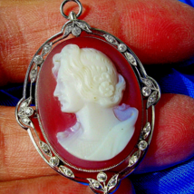 Earth mined Diamond Art Deco Pendant Antique Hardstone Medallion Platinum Brooch - $9,963.32 CAD