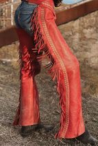 Handmade Cowgirl Chaps Studded Suede Red Pants Rodeo Style Chaps Western... - $88.77+