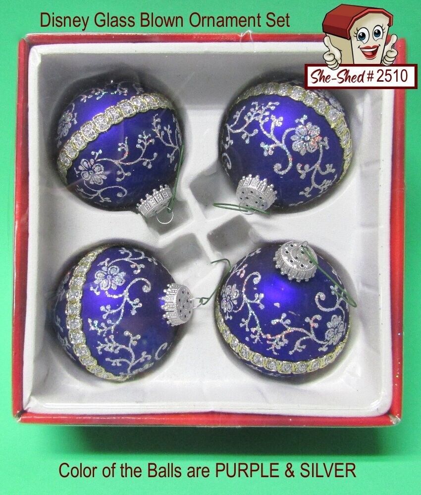 Primary image for Disney Purple & Silver Glass Blown Christmas Ornament 4 pc Set - New