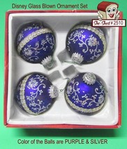 Disney Purple &amp; Silver Glass Blown Christmas Ornament 4 pc Set - New - £7.94 GBP