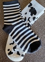 Two (2) Pair ~ 1-Striped Pattern &amp; 1-Cow Print ~ Tight Knit ~ Crew Socks... - £11.77 GBP