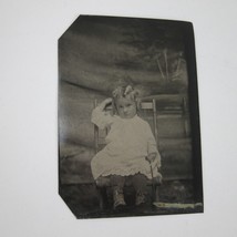 Tintype Photo Young Child Blonde Curls Sits in Chair Pouting Face Antique - £31.69 GBP