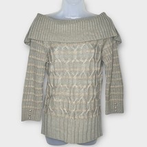 DKNY wool blend light olive &amp; metallic gold stripe off shoulder sweater ... - $35.00