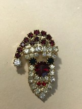 Estate Small Red White &amp; Black Rhinestone &amp; Goldtone Santa Claus Head Christmas - $15.79