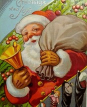 Santa Claus Holding Bell Vintage Christmas Postcard Stocking With Gifts Series 2 - £14.86 GBP