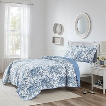 Full/Queen 3 Piece Bed In A Bag Reversible Blue White Floral Cotton Quilt Set - $3,905.98 MXN