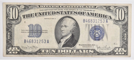 1934-D $10- Silver Certificate- Blue Seal- Average Circulation - $100.00