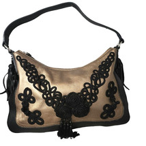 Frosting by Mary Norton Leather PURSE Gold Black Fringe Embroidered Meta... - £17.99 GBP