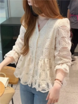 Spring Summer Fashion Hollow Out Nine Quarter Sleeve Blouse - £39.01 GBP