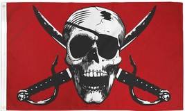 Crimson Pirate Flag 3x5 Jolly Roger Skull Red Pirate Flag Swords Eye Patch 100D - £14.14 GBP