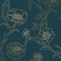Made In The Usa, Tempaper Peacock Blue And Metallic Gold Peonies Removable Peel - £29.84 GBP