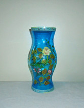 Blue Glass Hurricane Globe Chimney Lamp Hand Painted Roses Vintage Blown... - $29.70